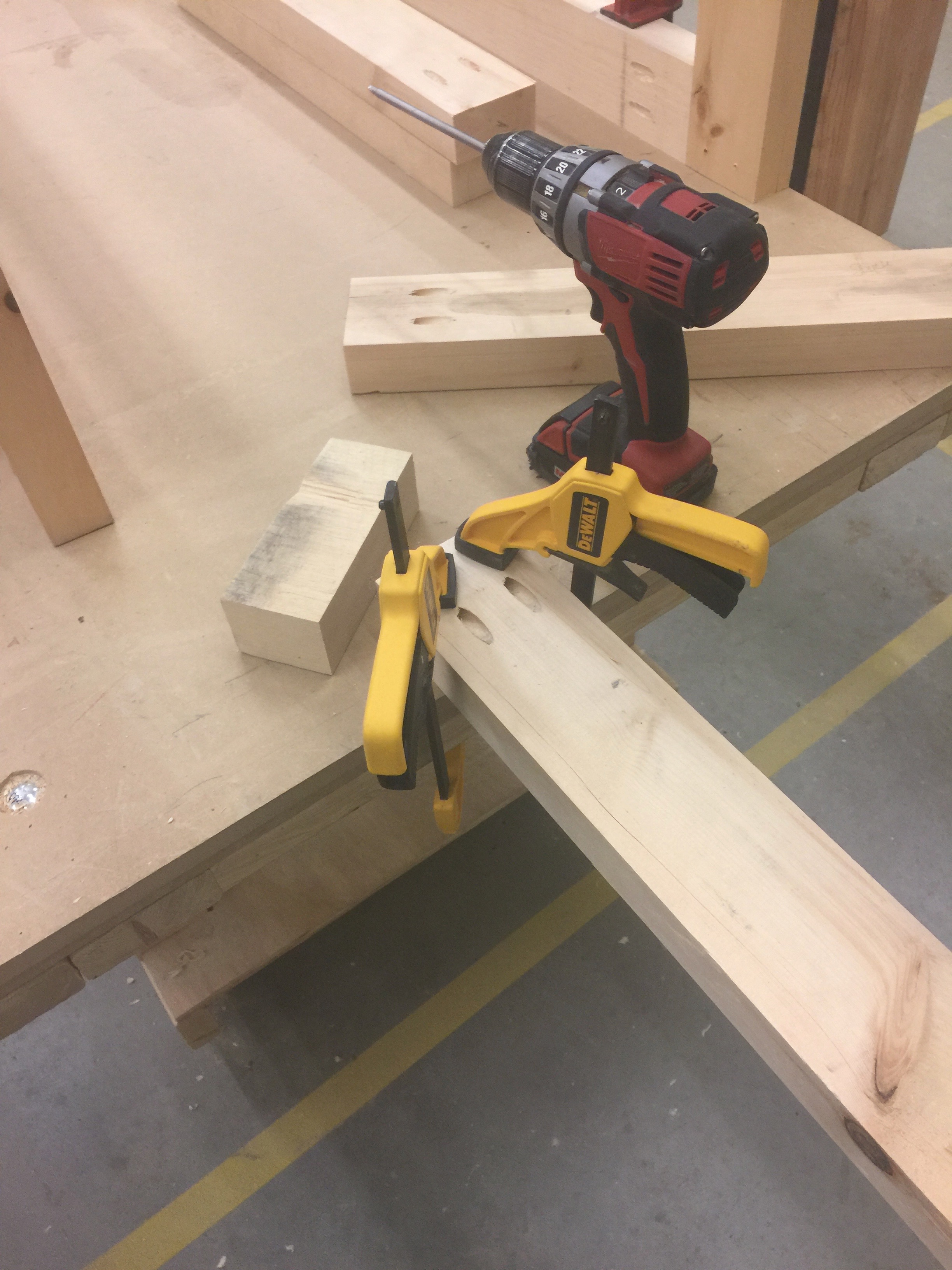 Wood clamped on a table